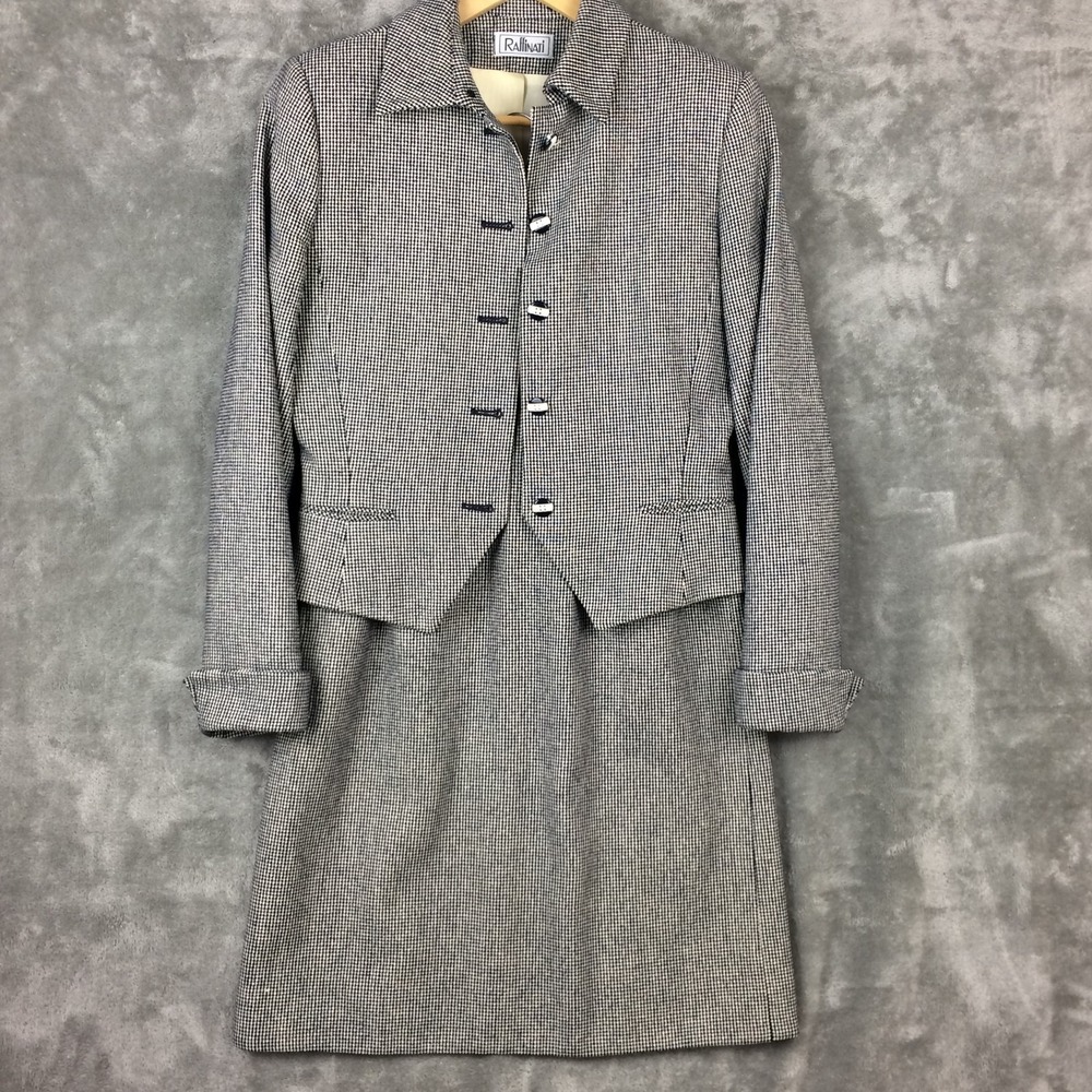 VTG Raffinati 2 Piece Suit Blazer Skirt Wool Pockets Houndstooth Career